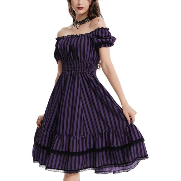Women's Scarlet Darkness Victorian Renaissance Costume Midi Dress Purple Black - Picture 1 of 8